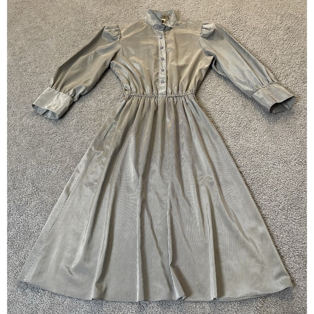 80s Susan Howard Striped Midi Dress S-M Taupe Satin 3/4 Sleeve Classic Career - Picture 6 of 15